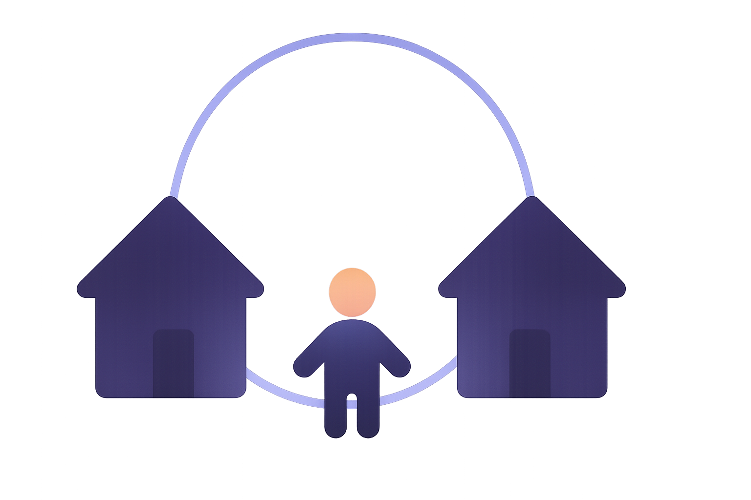 Abstract illustration of two houses and a child figure wrapped in one protective glowing circle