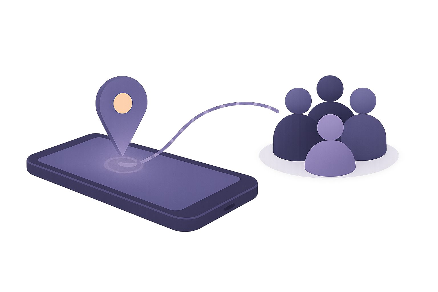 Abstract illustration of a glowing location pin rising from a smartphone and traveling securely to a small circle of people
