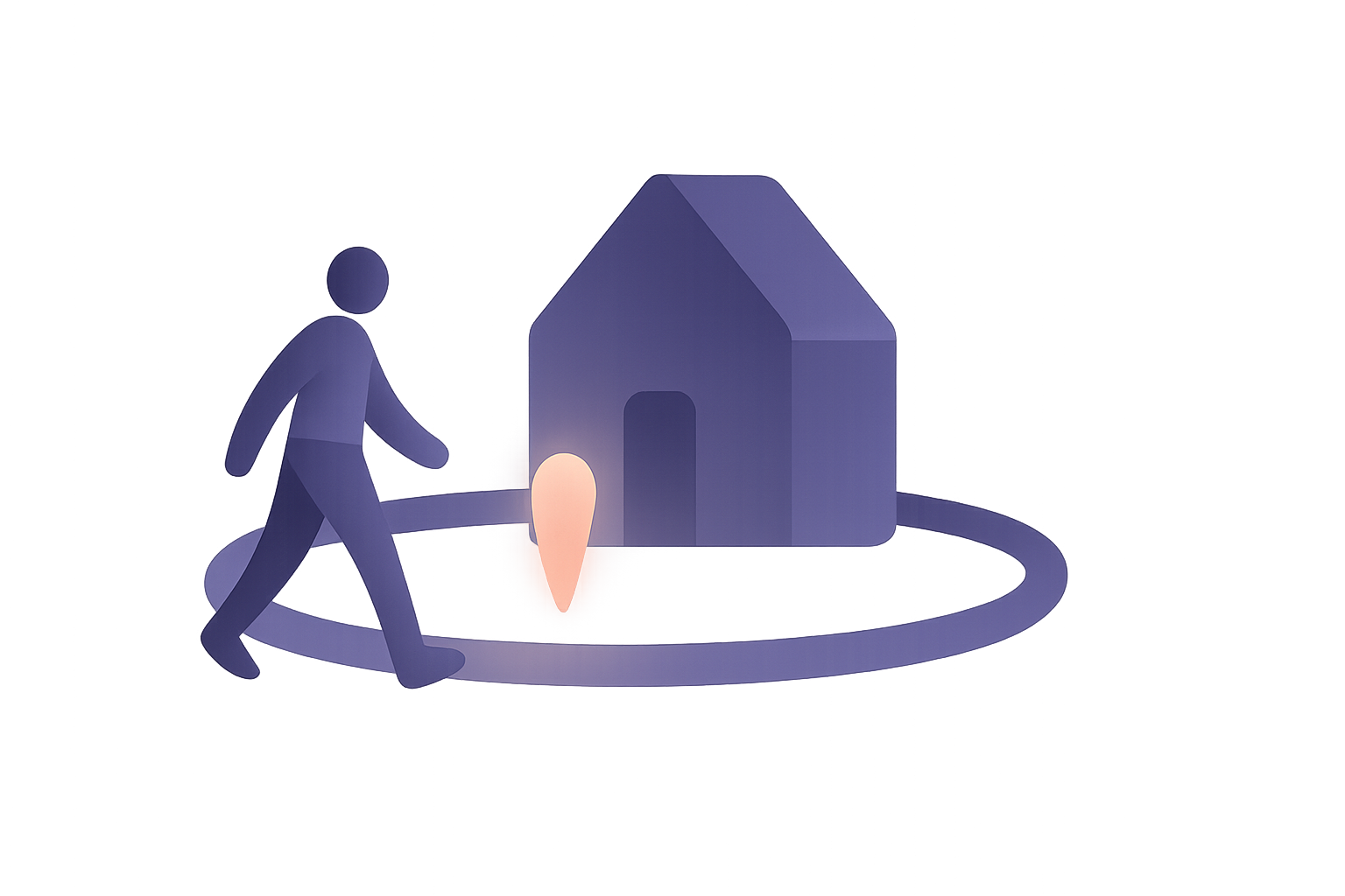 Abstract illustration of a person stepping across a glowing ring around a house, with a small warm signal rising from the ring
