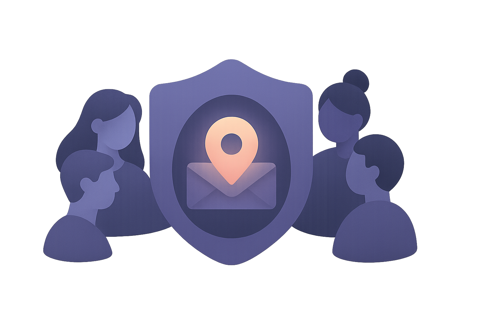 Abstract illustration of a glowing location pin held safely within a private circle of people
